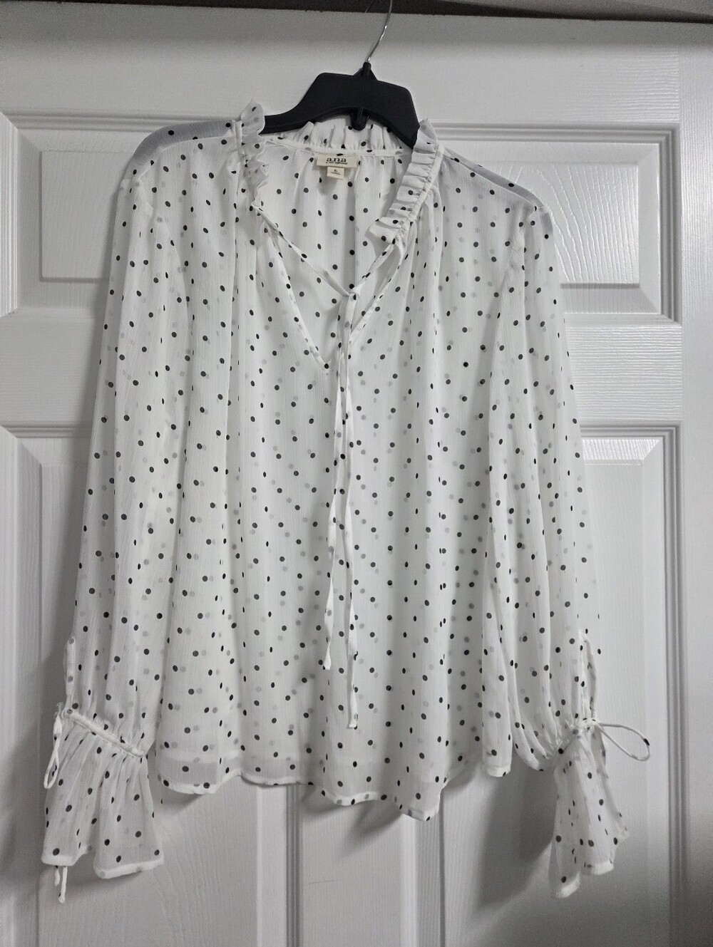 Women's NWOT ANA White Blouse with Black Polka Dots and Ruffle Trim Size XL